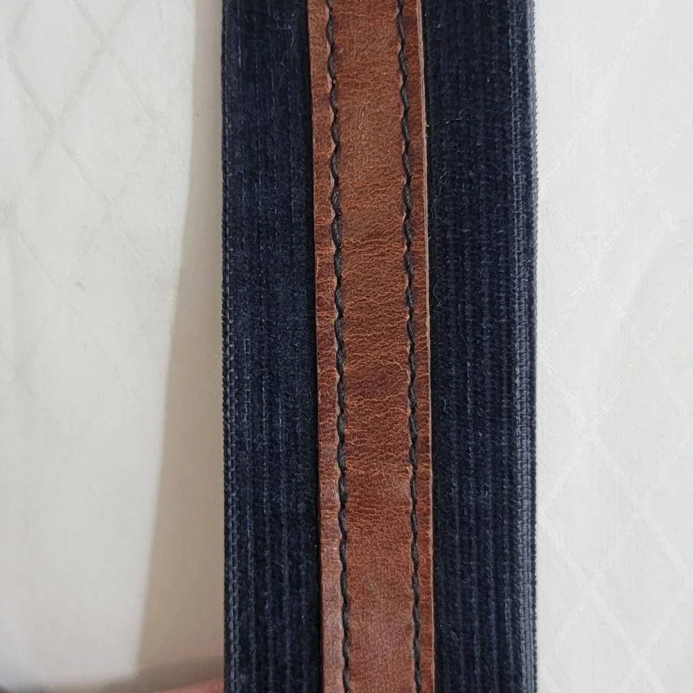 Mens Navy Blue Corduroy Brown Leather Inlay Belt Solid Brass Buckle Casual 34